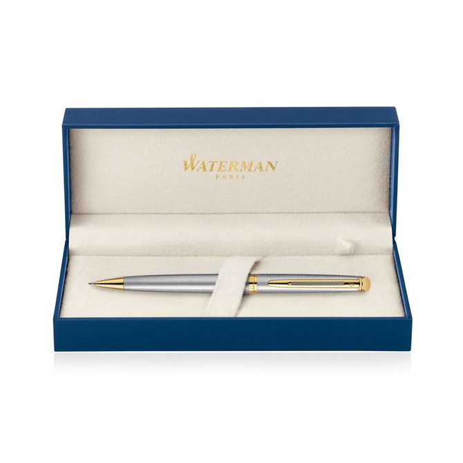 A brushed stainless steel mechanical pen in a blue gift box with a gold clip and interior lining.