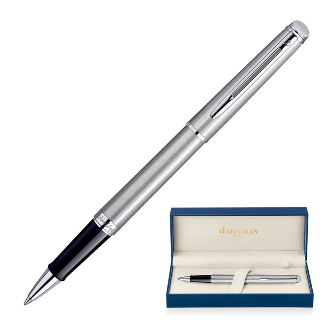 A brushed stainless steel rollerball pen with a dark grip, displayed in a blue box with a logo.