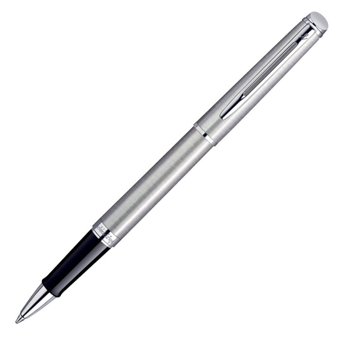 A brushed stainless steel rollerball pen with a black grip and a silver clip, featuring a logo.