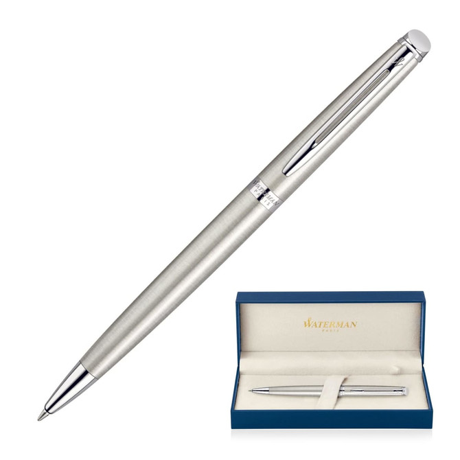 A brushed stainless steel ballpoint pen housed in a blue presentation box, featuring a logo on the box.