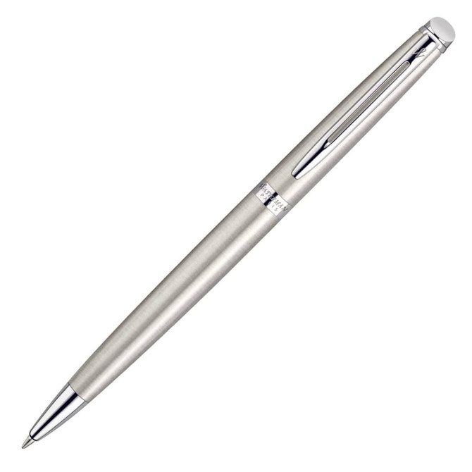 A brushed stainless steel ballpoint pen with a polished chrome clip and details. Features a branding logo.