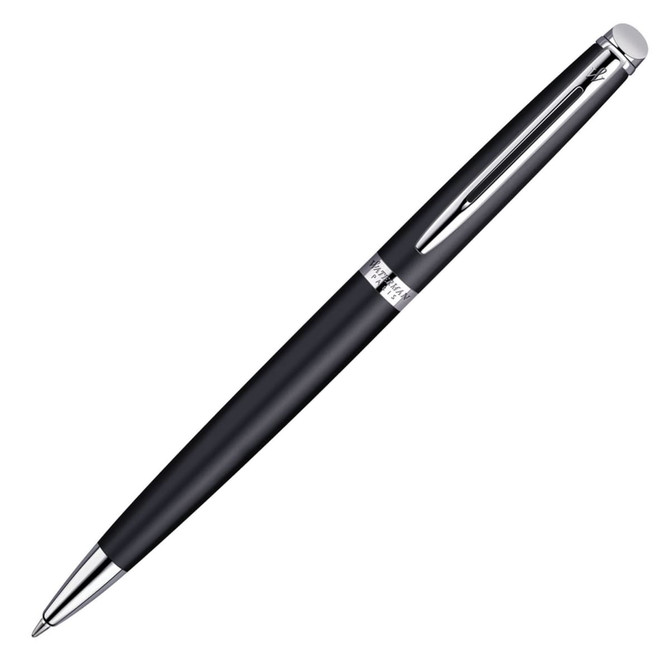 A metal ballpoint pen in matte black with chrome accents, featuring a clip and branding on the body.