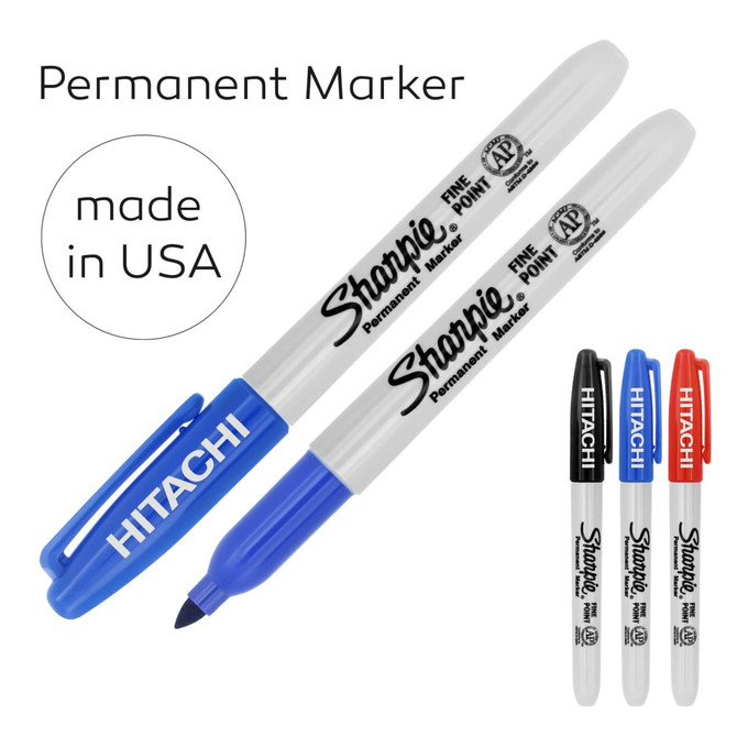 A set of permanent markers, including fine point Sharpie in black and blue, with a logo on the barrel.