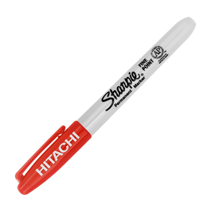 A permanent marker with a white barrel and red cap, featuring a branding logo.