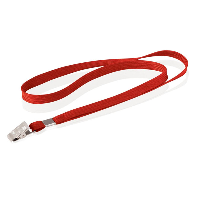 A red tubular lanyard, 10mm wide, featuring a metal clip for attachment and a logo visible on the clip.