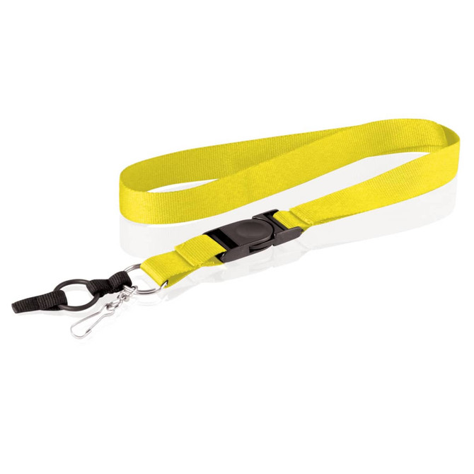 A 25mm yellow lanyard featuring a black clip and a retractable badge holder. Includes a logo on the clip.