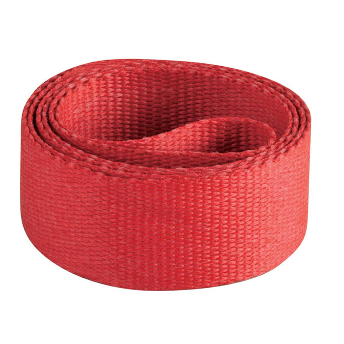 A roll of 25mm wide red lanyard fabric, featuring a textured surface and neatly coiled design.