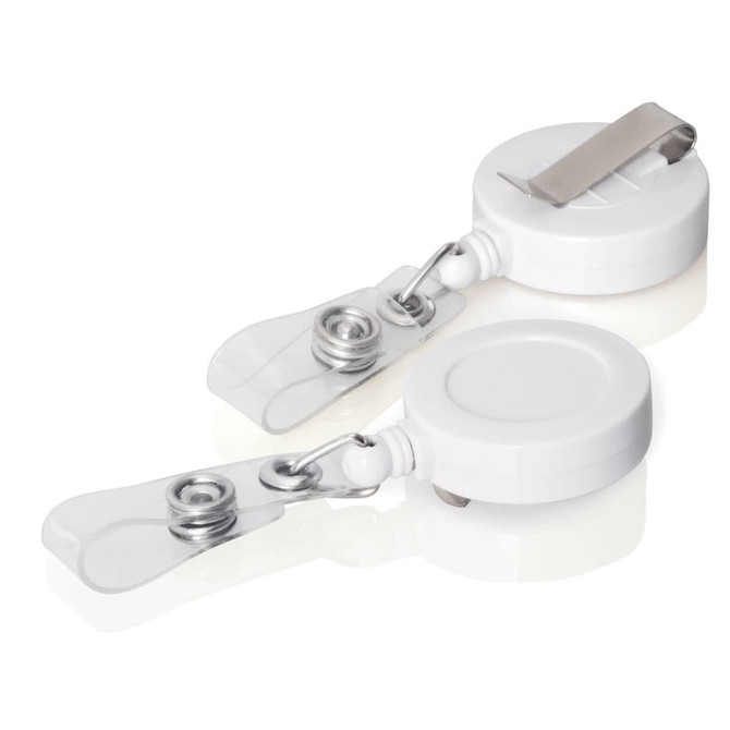 A retractable badge holder in white with a clip, featuring a smooth, circular design and a clear plastic strap.