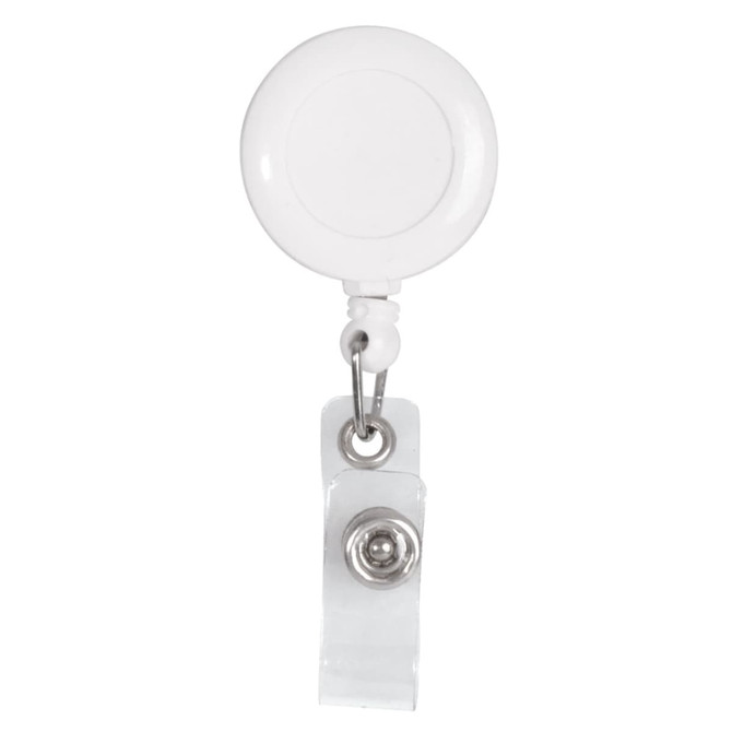 A white retractable badge holder with a clear strap and a silver snap fastening. It features a round, smooth head.