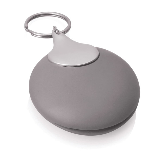 A grey keyring holder containing a microfibre optical cloth, featuring a keyring attachment.