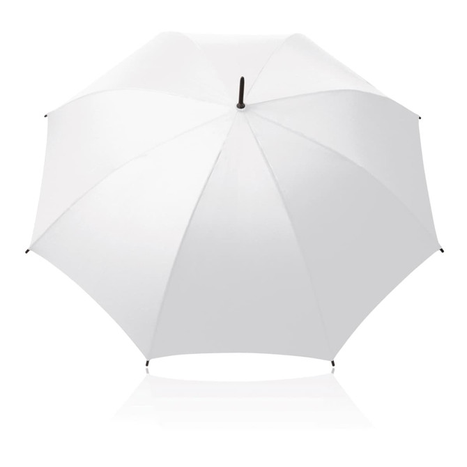 A white 61cm umbrella with a black handle and a branded logo.