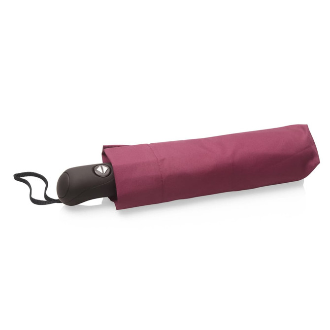 A folded maroon umbrella with a black handle and a carrying strap, featuring a logo on the handle.