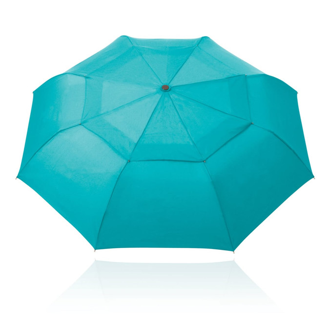 A turquoise 54cm folding umbrella with a wind-vented design, featuring a central button and a simple structure.