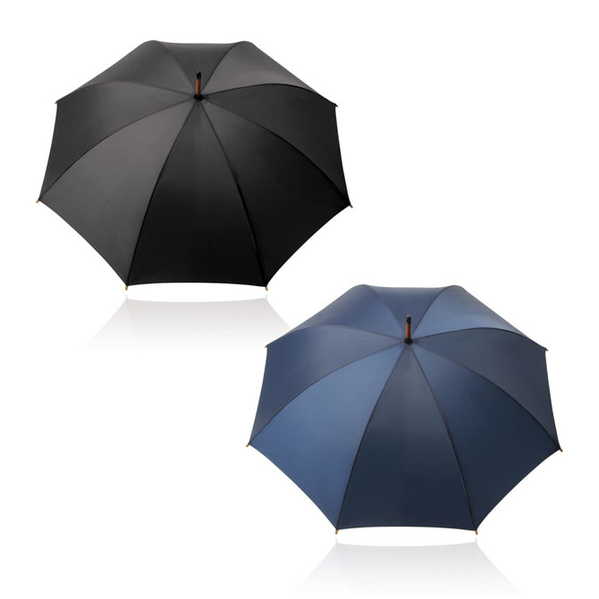 An executive umbrella features a sleek black and navy design, showcasing a classic shape and wooden handle.
