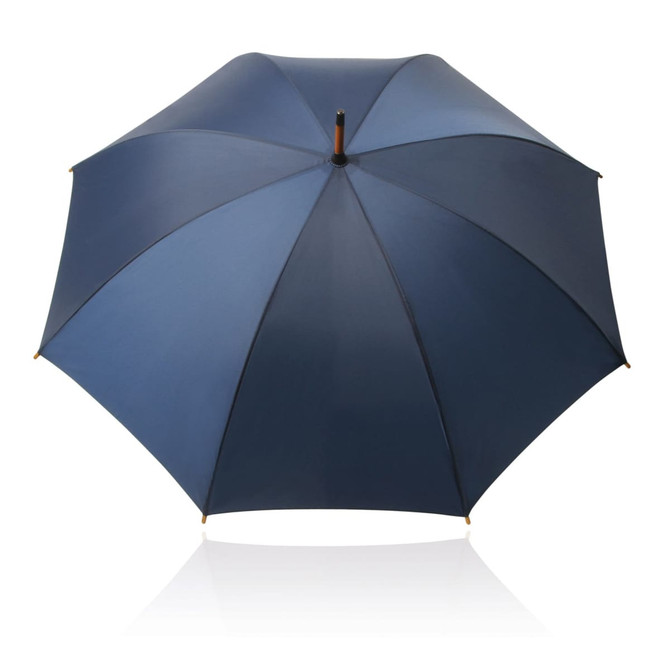 A 60cm long navy umbrella with a wooden handle and a logo on the canopy.