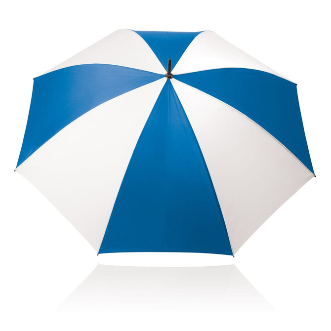 A blue and white striped umbrella with a 75cm diameter and a central pole, featuring a logo on the handle.