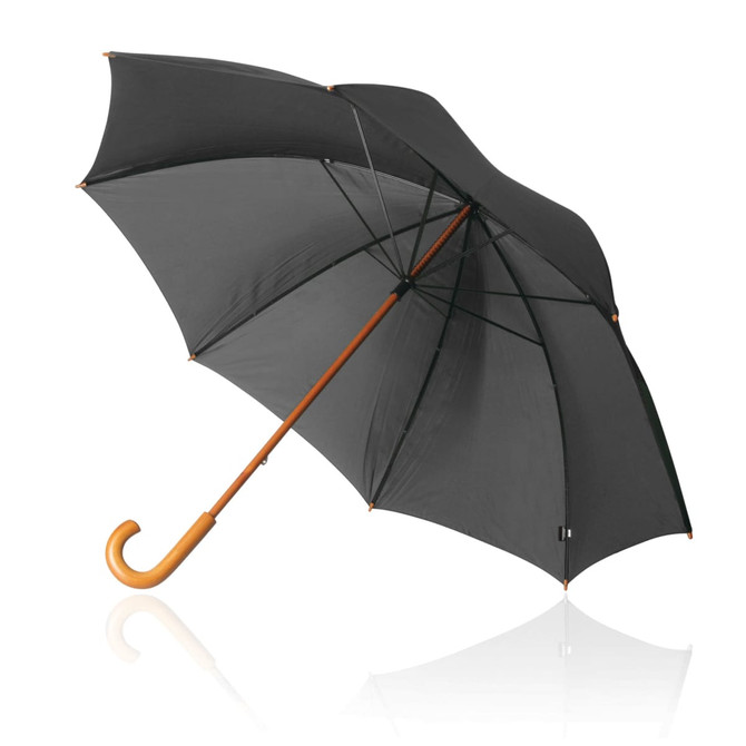 A black 75cm umbrella with a wooden handle and a metal frame, featuring a logo on the canopy.