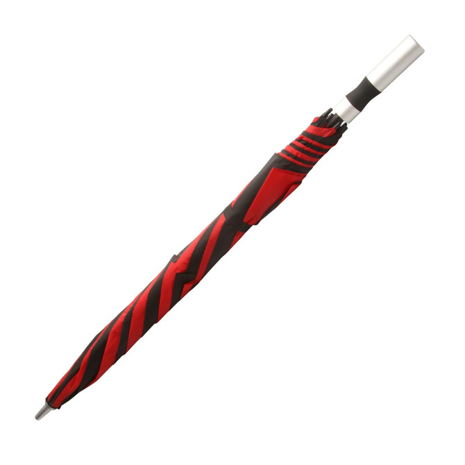 A red and black striped umbrella with a silver handle and a compact design, featuring a logo on the fabric.