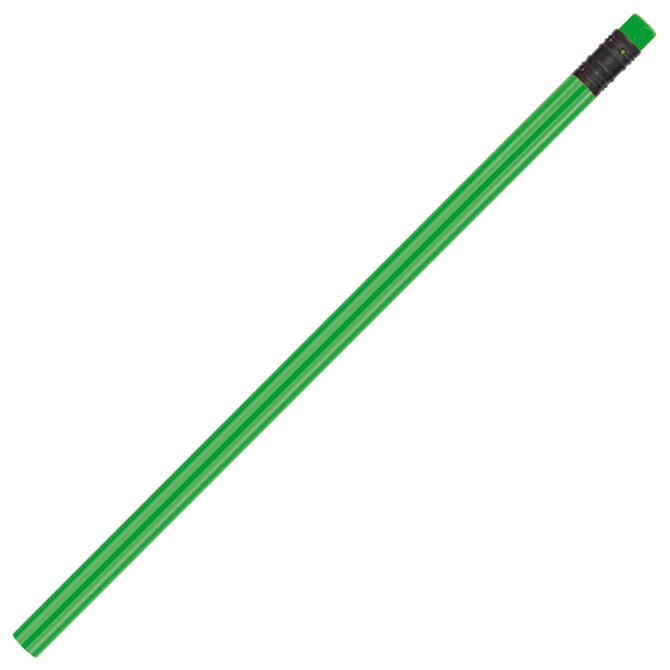 A green pencil with a black eraser at the top and a smooth cylindrical body. It features a logo on the barrel.