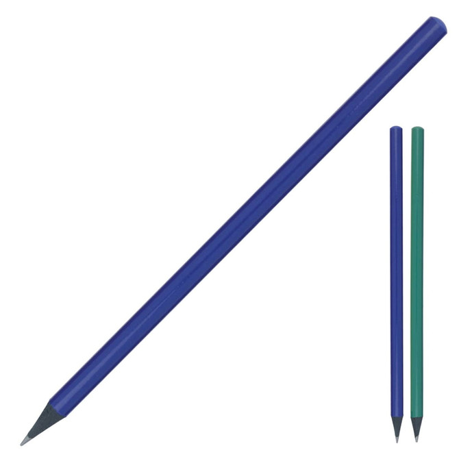 A blue pencil alongside two smaller pencils in green and blue. Each pencil has a sharpened tip.