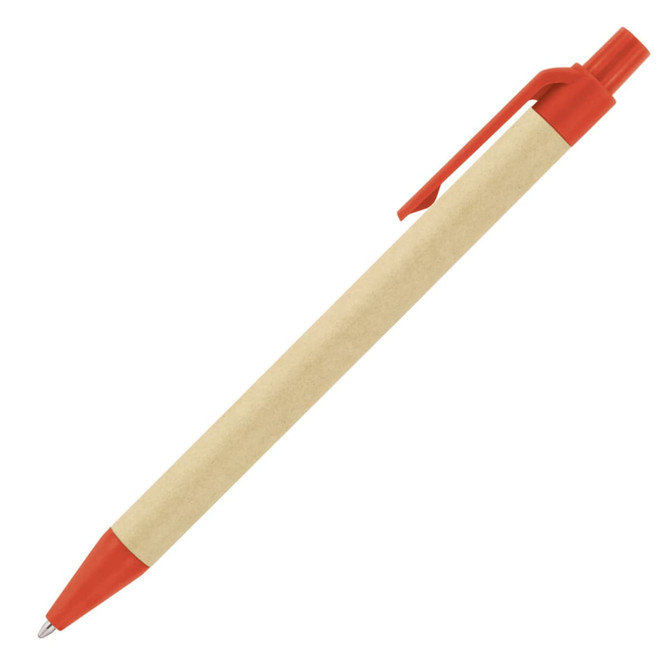 An Eco Pen Ballpoint in beige recycled paper with a red clip and tip. It features a branding logo.