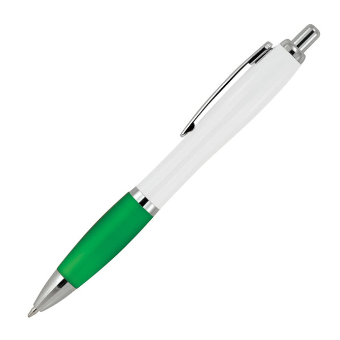 A plastic ballpoint pen in white with a green grip, featuring a silver clip and tip.