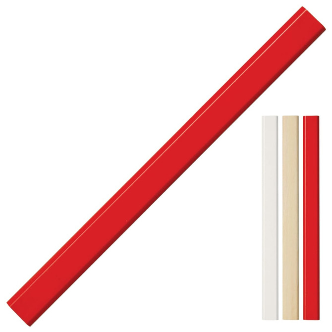 A set of pencils in red, white, and natural wood colours, featuring a logo on one side.