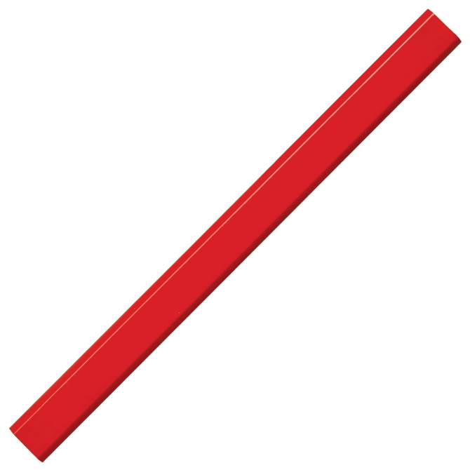 A red pencil with a smooth finish, featuring a straight, elongated shape. It has a simple design and no markings.