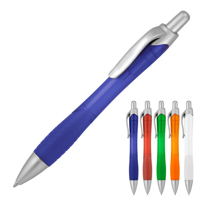 A ballpoint pen in blue with a silver clip, accompanied by pens in orange, green, red, and white.