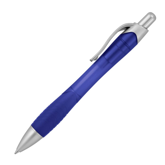 A blue plastic ballpoint pen with a silver clip and grip. The pen features a streamlined design.