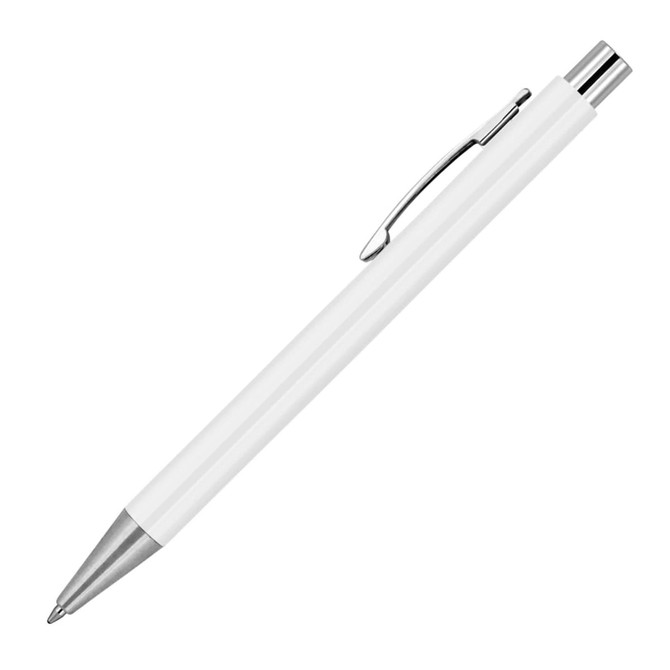 A white ballpoint pen with a silver clip and tip, featuring a simple, solid-colour design.