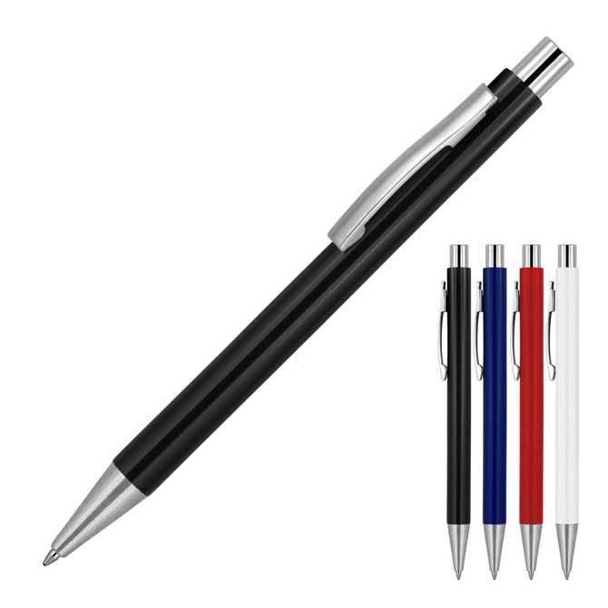 A ballpoint pen featuring solid colours: black, blue, red, and white, with a silver clip and tip.
