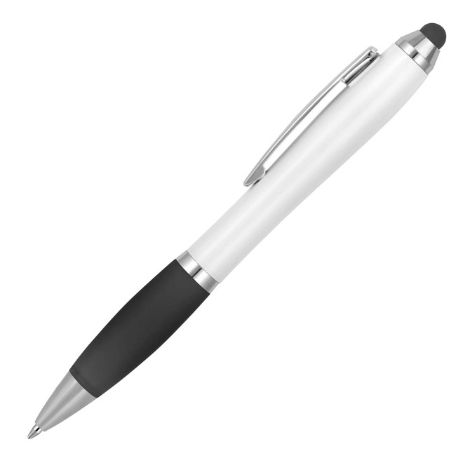 A ballpoint pen stylus in white and black with chrome detailing and a branding logo.