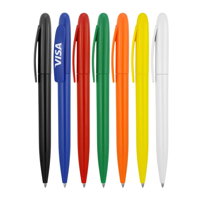 A collection of plastic ballpoint pens in black, red, green, orange, yellow, and white, featuring a logo on one pen.