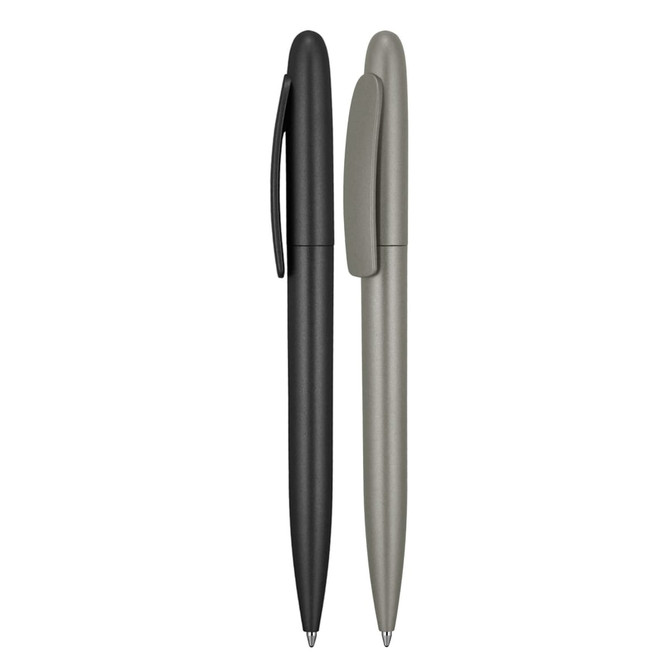 A set of two ballpoint pens, one matte black and one matte olive green, featuring a sleek design and a logo.