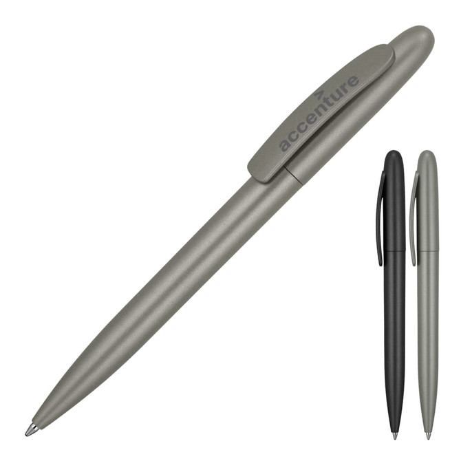 A ballpoint pen with a matte finish, available in matte green and black, featuring a clip and branding.