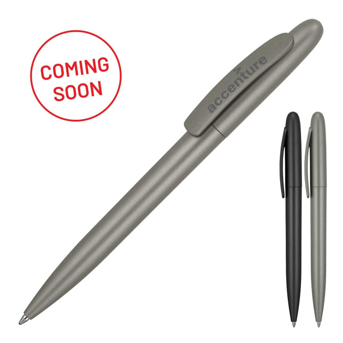 A matte ballpoint pen in grey and black, featuring a clip and branding on the side.
