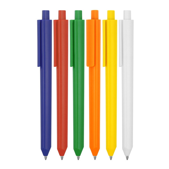 A set of six matte triangular ballpoint pens in purple, green, orange, yellow, white, and blue, featuring a logo.