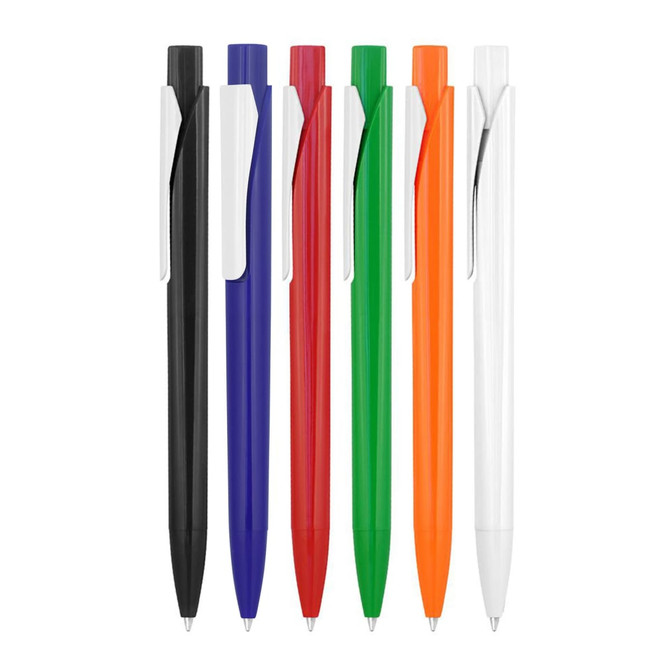 A collection of ballpoint pens in black, blue, red, green, orange, and white, featuring a clip and smooth design.