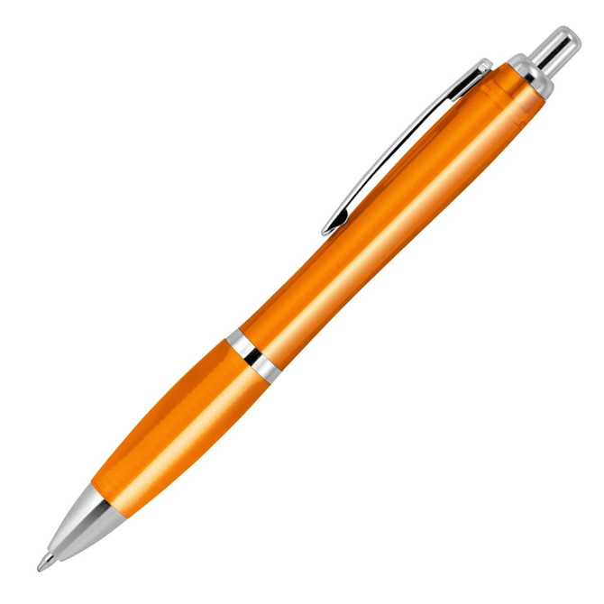An orange transparent ballpoint pen with silver accents and a clip.