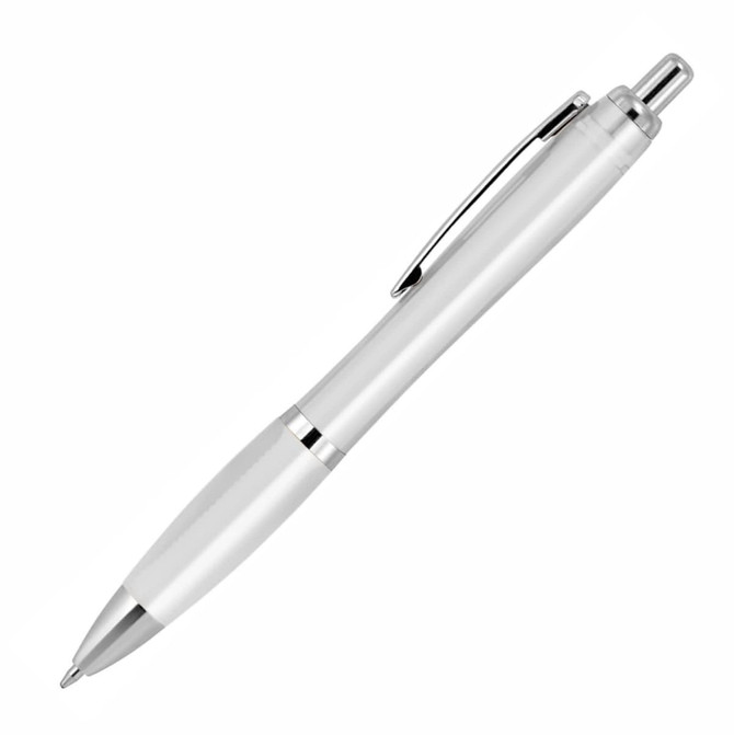 A transparent ballpoint pen in white with silver accents and a clip, featuring a sleek design.