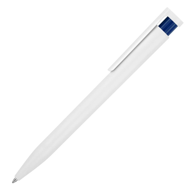 A plastic ballpoint pen with a white body and a blue accent, featuring a clip and a sleek design.