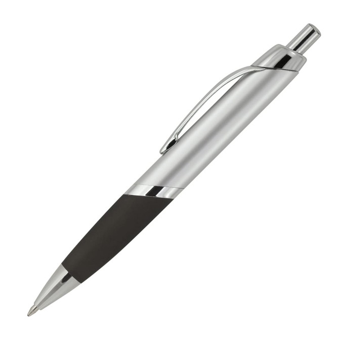 A silver ballpoint pen with a black grip and a clip, featuring a logo on its body.