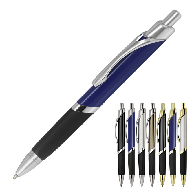 A metal ballpoint pen in blue and silver, featuring a sleek design and a rubber grip. Includes various colour options.