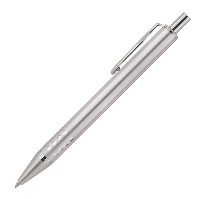 A silver ballpoint pen with a sleek design and a clip, featuring a logo on its surface.