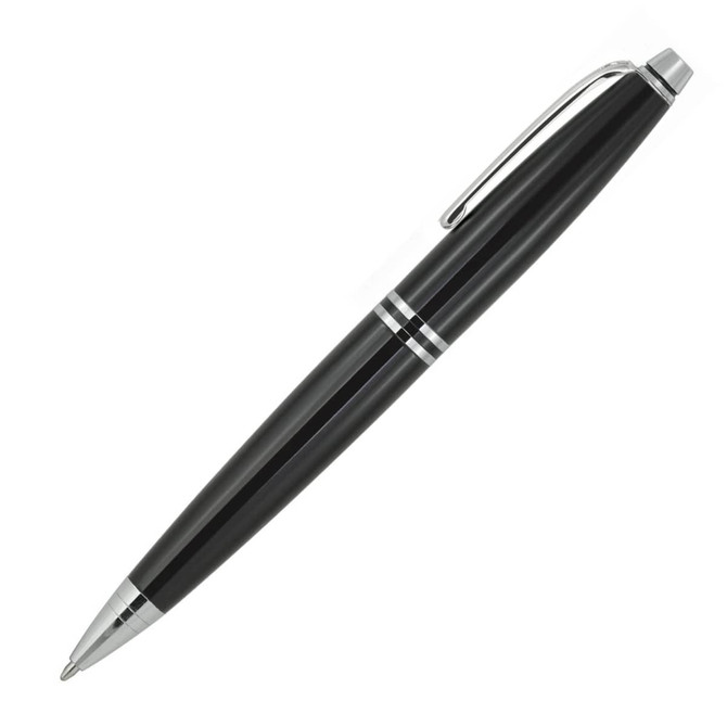 A sleek black ballpoint pen with silver accents and a clip. It features a modern design and elegant branding.