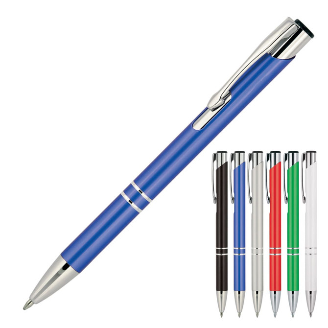 A blue ballpoint executive pen with a metallic finish, surrounded by black, red, green, and white versions.