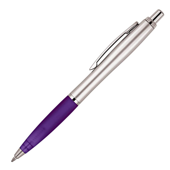A ballpoint pen featuring a silver barrel and a purple grip, complete with a clip and a logo.