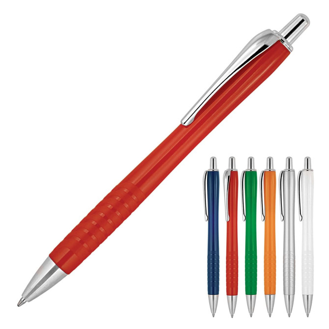 A ballpoint pen in red with a silver clip, alongside additional pens in blue, green, orange, white, and black.