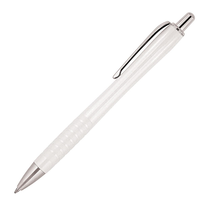 A ballpoint pen in white with a silver clip and tip, featuring a textured grip. It has a simple, sleek design.